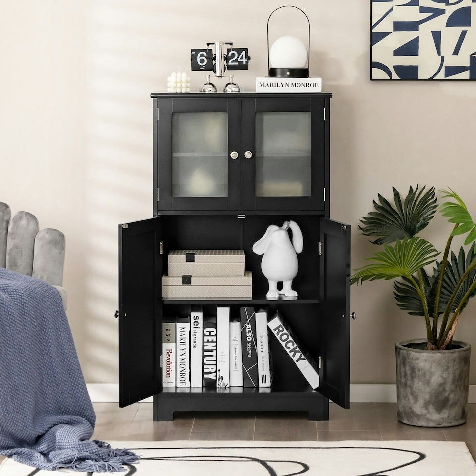 image 1 of COSTWAY 4-Door Bathroom Floor Cabinet Storage Cabine Black Black