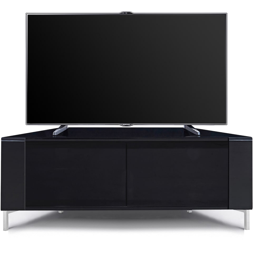 image 1 of MDA Designs CORVUS Corner-Friendly Gloss Black Contemporary Cabinet with BeamThru Glass Doors Modern Space-Saving Stand for Flat Screen TVs up to 50 Inch | Black | 1