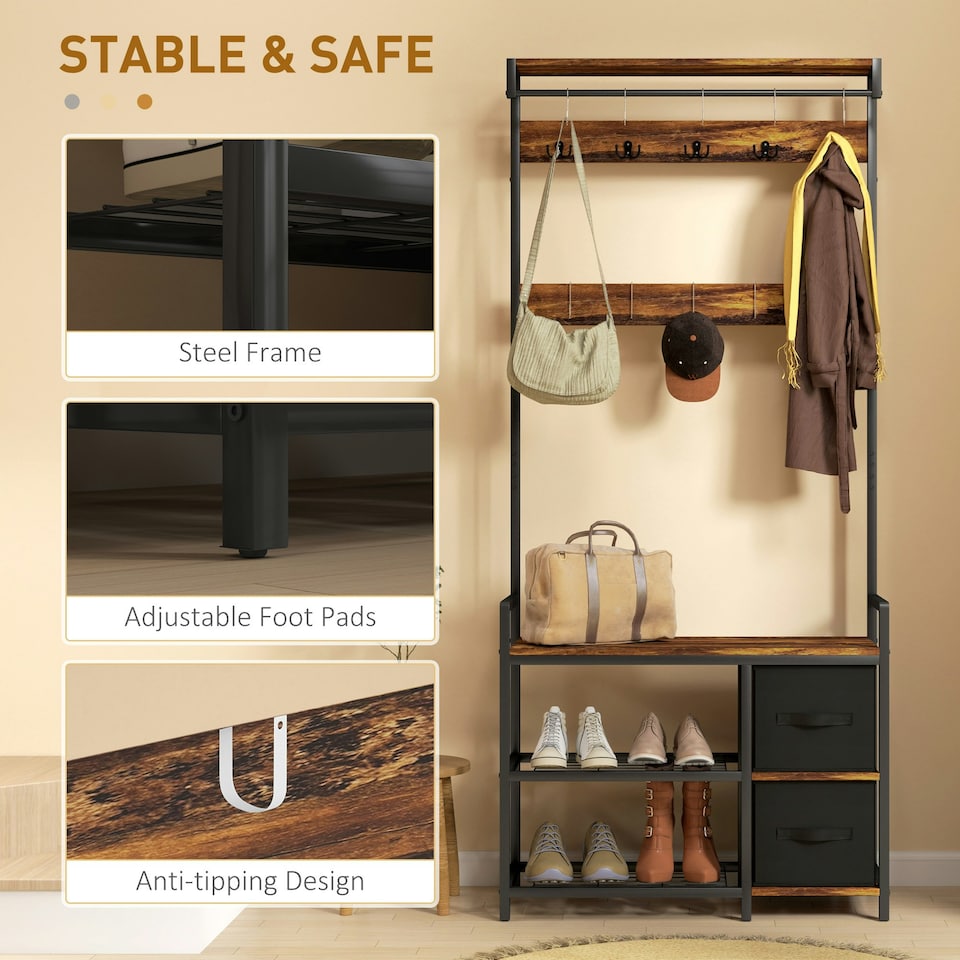 image 1 of HOMCOM Coat Rack with Drawer, Hall Tree with Coat Stand, Rustic Brown