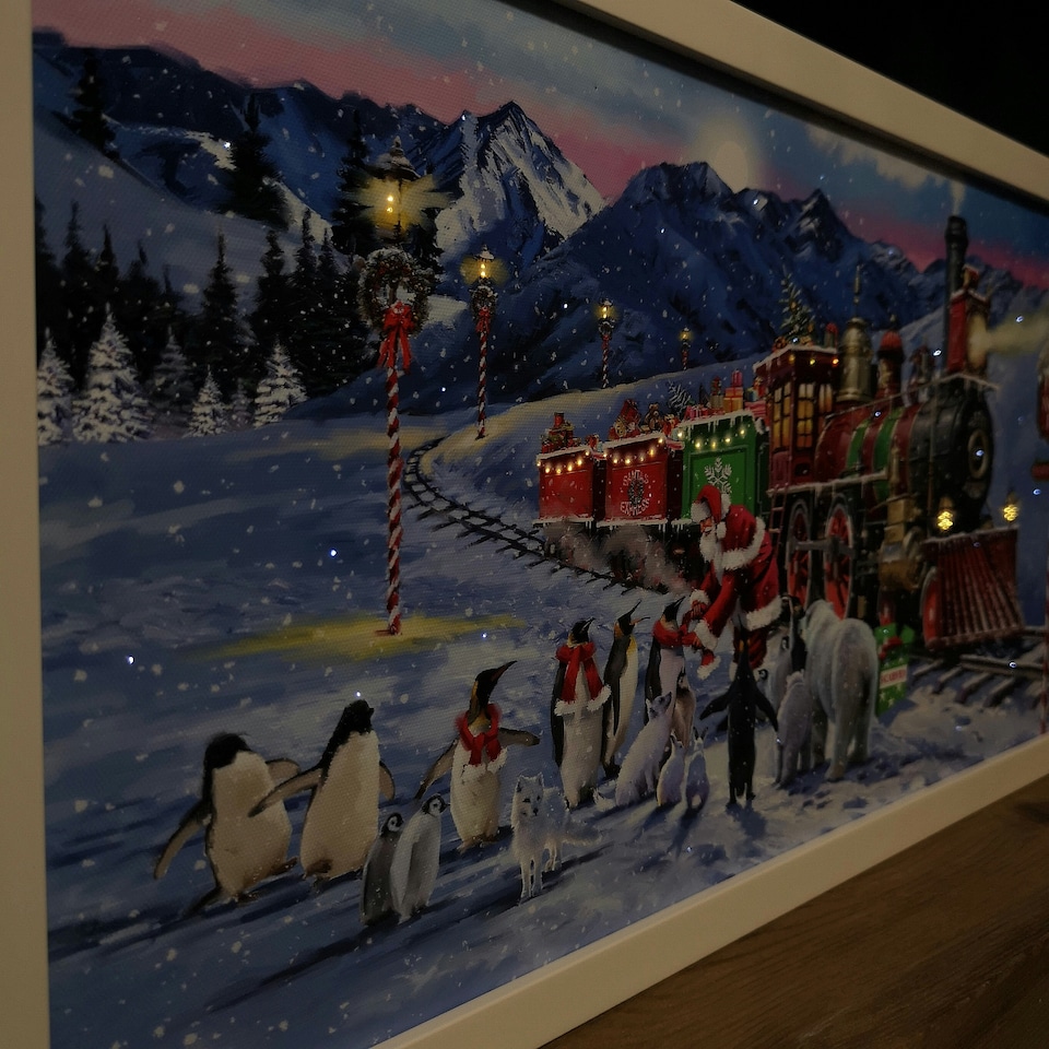 image 1 of Battery Operated 60 x 30cm Light up North Pole Express Train with Santa Picture Canvas