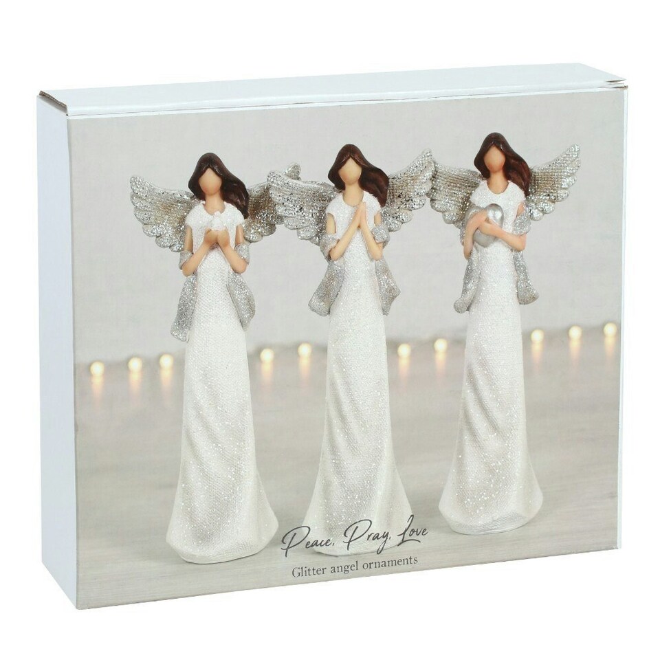 image 1 of Something Different Peace Pray Love Metallic Angel Ornament Set (Pack of 3) - White/Silver - One Size