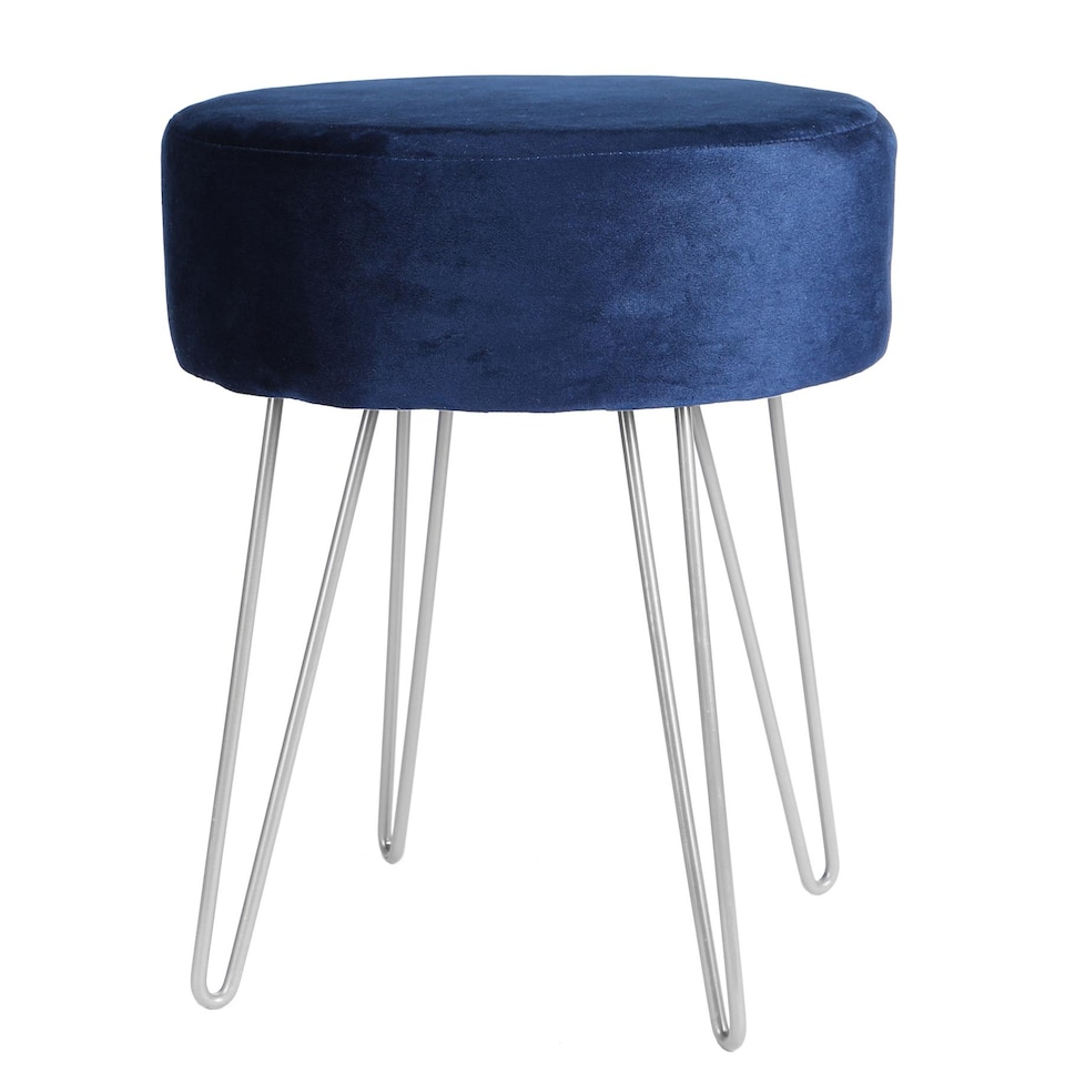 image 1 of Harbour Housewares Velvet Footstool - Round Modern Dressing Table Footstool Vanity Seat Chairs - 40 x 35cm - Blue/Silver | Blue | Blue/Silver | Pack of 1 | 1