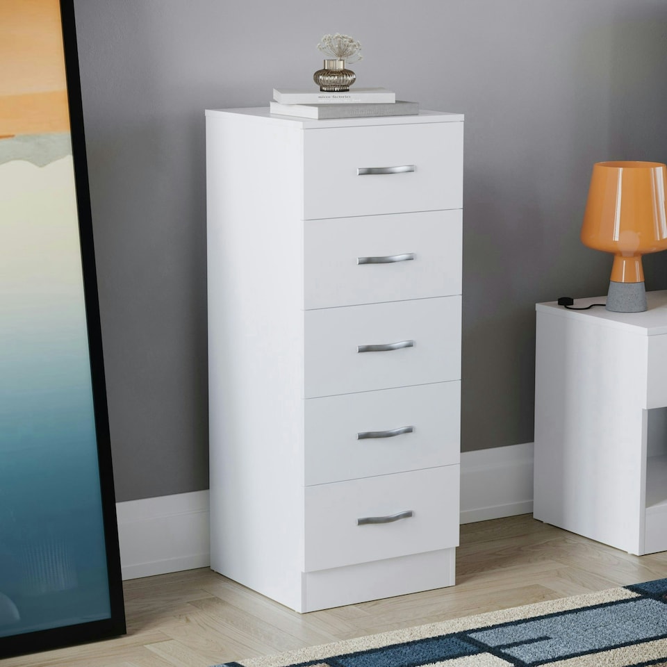 image 1 of Vida Designs Riano 5 Drawer Narrow Chest of Drawers Bedroom Storage, White