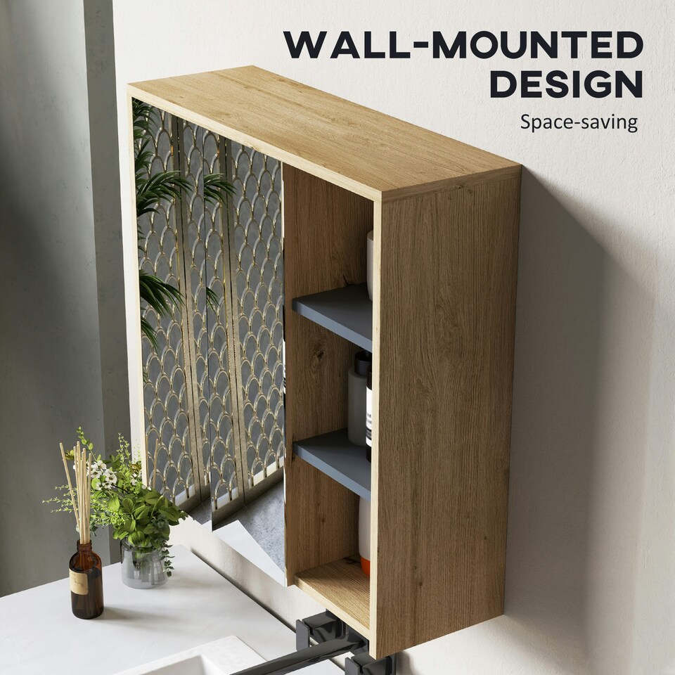 image 1 of HOMCOM Bathroom Cabinet Wall Mounted Mirror Storage with Shelves Natural