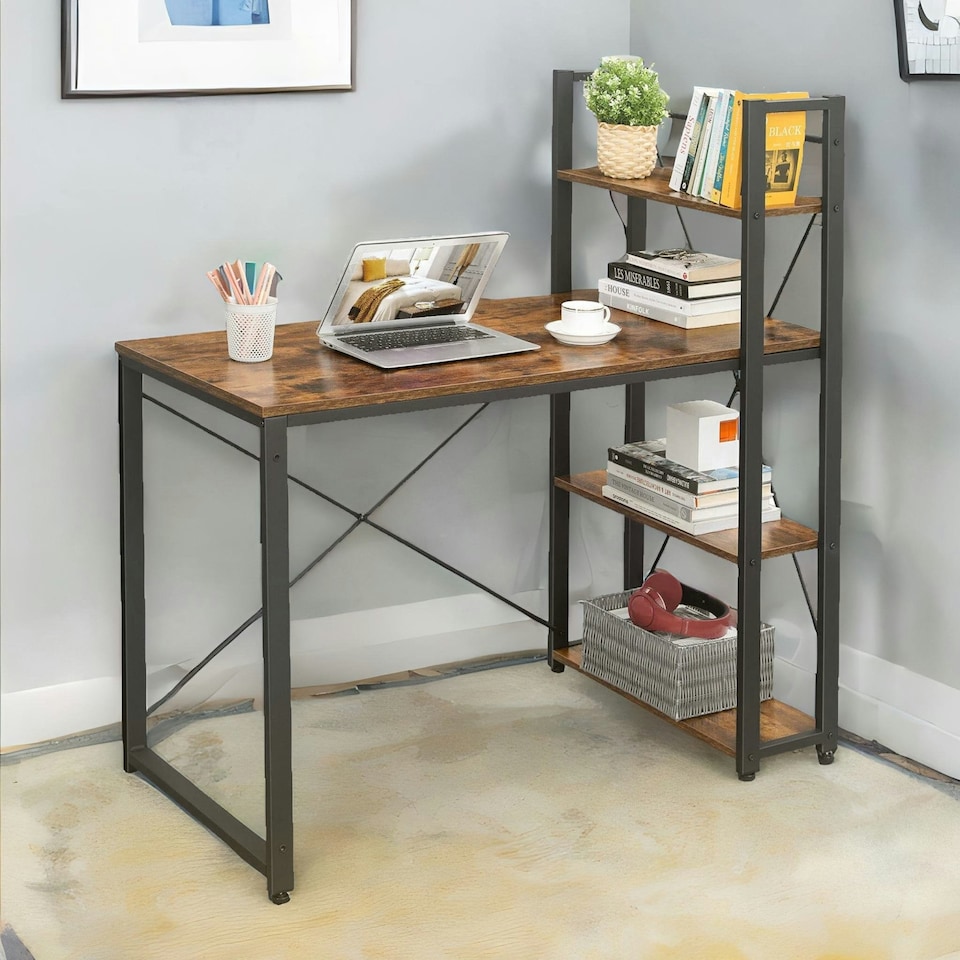 image 1 of 97CM Wide Computer Desk With 3 Shelves Rustic Brown Brown