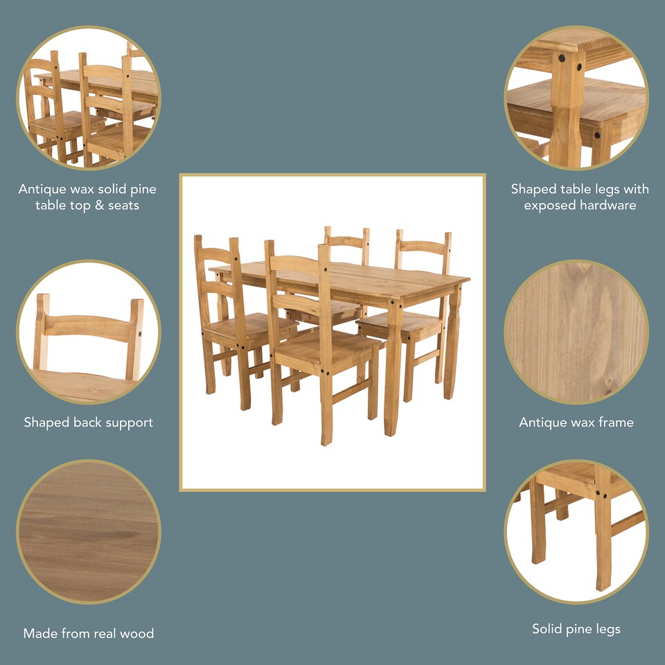 image 1 of Premium Corona Rectangular Dining Set with Table and 4 Chairs in Grey or Brown Waxed Pine - Solid Wood | Brown | Brown | 1