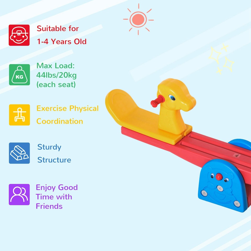 image 1 of HOMCOM Kids Seesaw Safe Teeter Totter 2 Seats with Easy-Grip Handles Multicolor