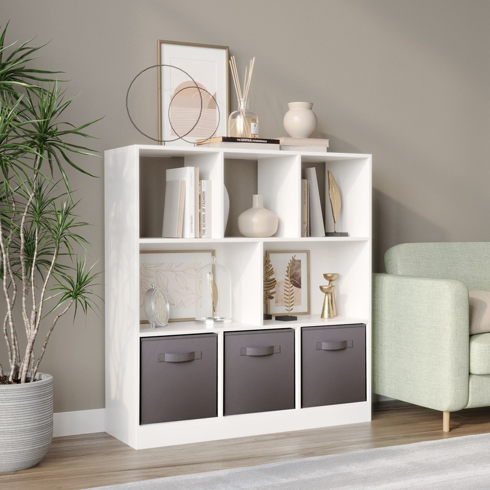 image 1 of Asymmetrical 8 White Cube Bookcase Shelf Storage Unit with 3 Fabric Drawer Inserts | Multi | White & Grey Drawer | 1