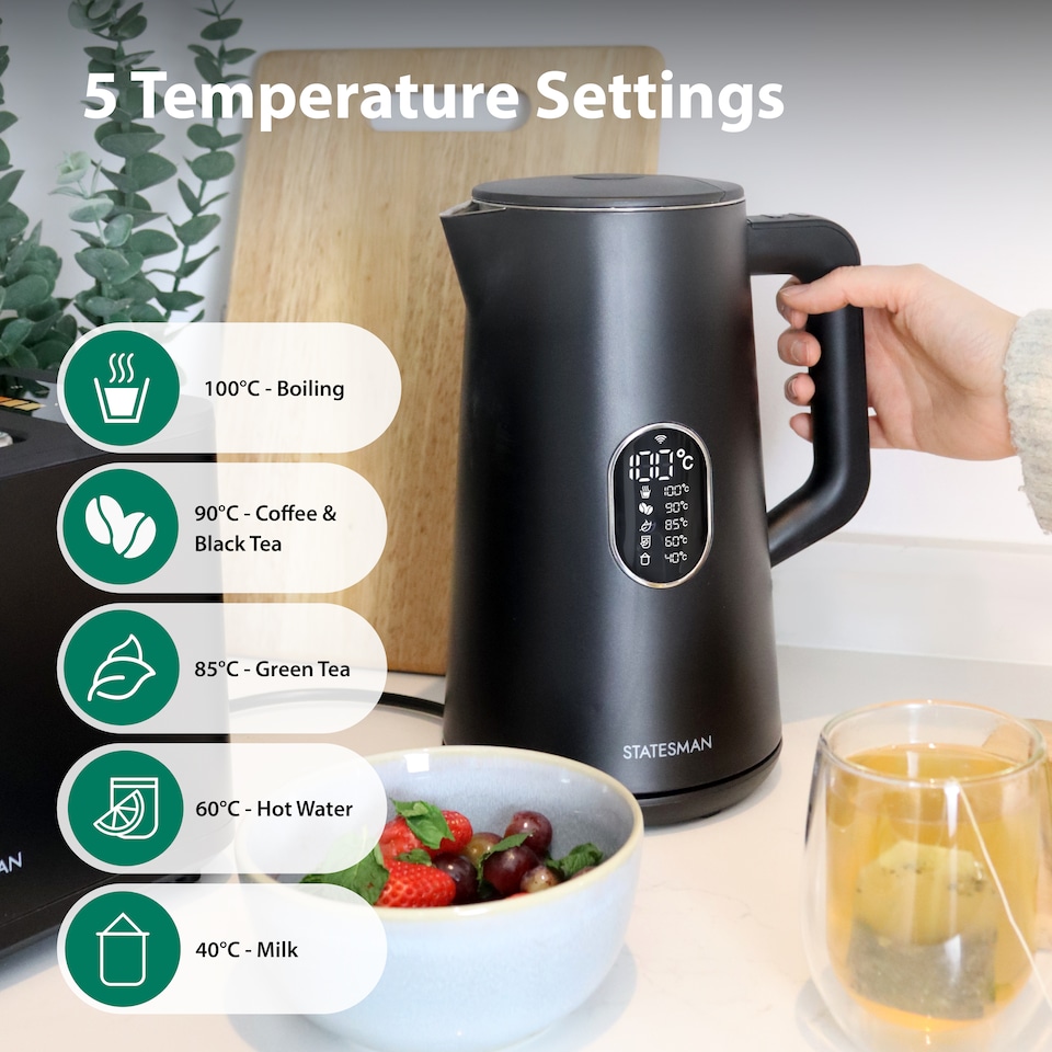 image 1 of Statesman 1.5L Smart Digital Kettle, 1800W Fast Boil, Temperature Control with Display, 5 Preset Settings, 2-Hour Keep Warm, App & Alexa Control, 360 Cordless Base, Boil Dry Protection