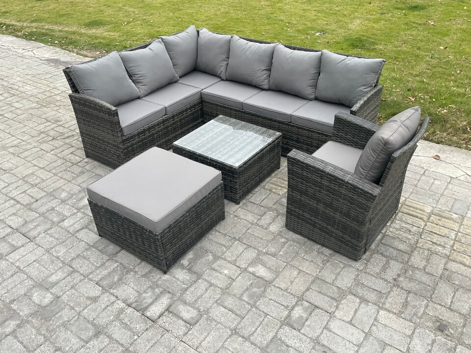 image 1 of Fimous 8 Seater Outdoor Garden Furniture Set Wicker PE Rattan Corner Sofa Set with Square Coffee Table Big Footstool Armchair Dark Grey Mixed