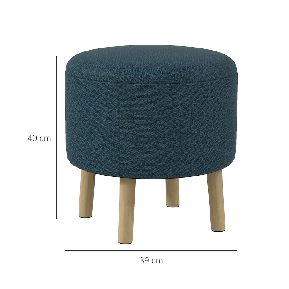 image 1 of HOMCOM Round Storage Stool, Linen Fabric Upholstered Foot Stool with Removable Top, Padded Seat, Hidden Space and Wooden Legs for Living Room, Blue
