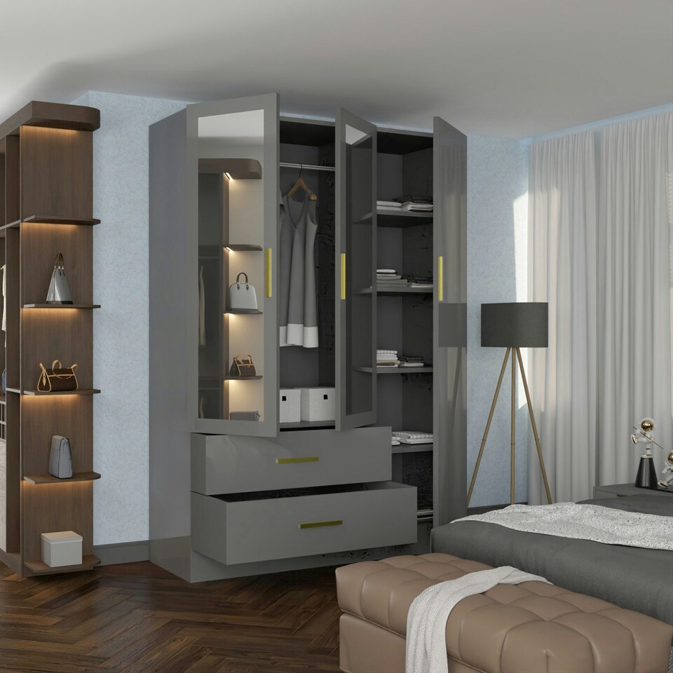 image 1 of Modern 3-Door High Gloss Wardrobe with Dual Mirrors, Gold Accent Handles, Drawers & Shelves-116cm Wide Grey | Grey116cm