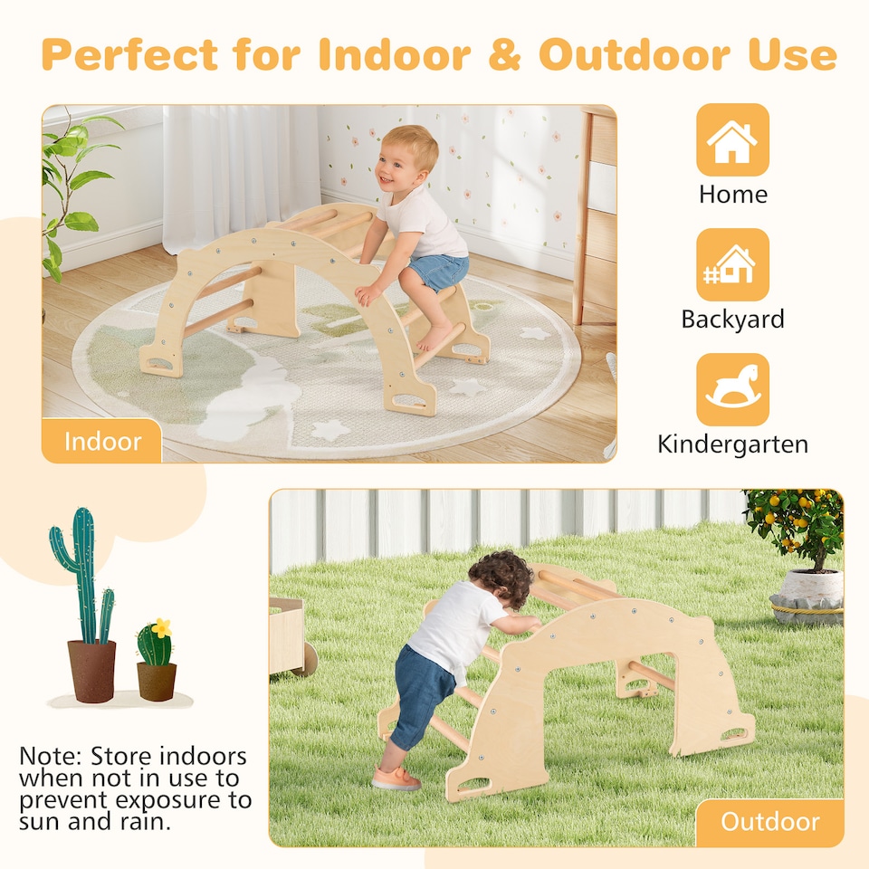 image 1 of COSTWAY Kids Montessori Wooden Climber Toy Climbing Arch Sensory Table-Natural