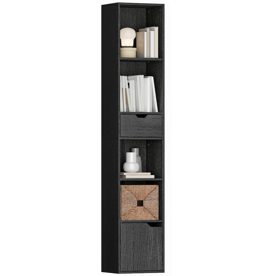 image 1 of HOMCOM 6-Tier Bookcase, Tall Narrow Bookshelf with Drawer, Door, Adjustable Shelf, Modern Display Standing Shelving Unit for Living Room, Home Office, Bedroom, 30 x 24 x 158 cm, Black | Black | Black