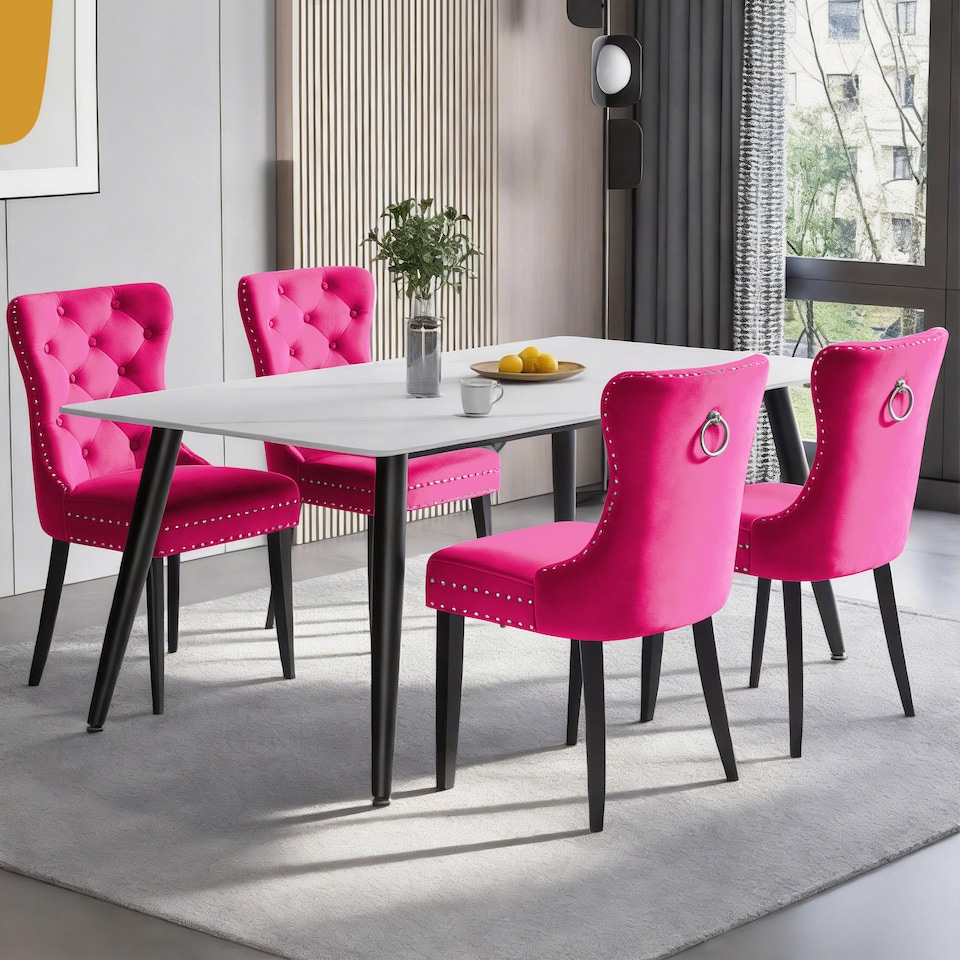image 1 of Groundlevel Set of 2 Studded Luxurious Velvet Dining Chairs with Ring Knocker | Pink | Pink