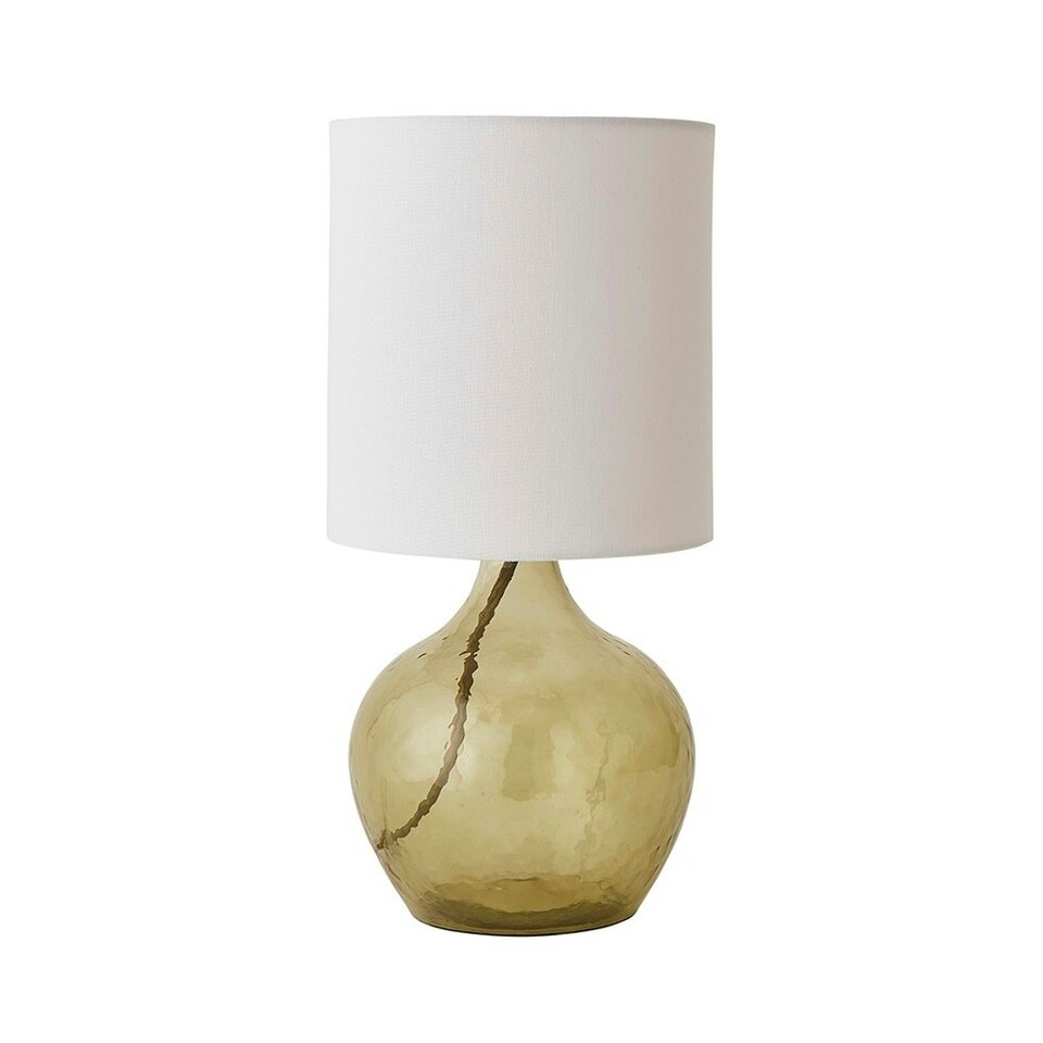 image 1 of ValueLights Emily Natural Linen Drum Shade Dark Green Glass Teardrop Table Lamp and LED Bulb Green