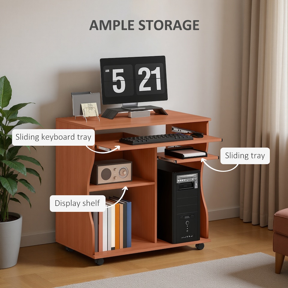 image 1 of HOMCOM Computer Desk with Sliding Keyboard Tray, Mobile Home Office Desk, Study Table with Storage Shelves, PC Desk on Wheels, Cherry Wood Colour