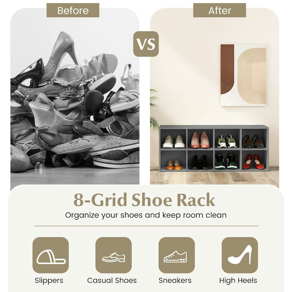 image 1 of COSTWAY 8 Grid Shoe Bench 2 in 1 Shoe Organizer Storage Grey Grey