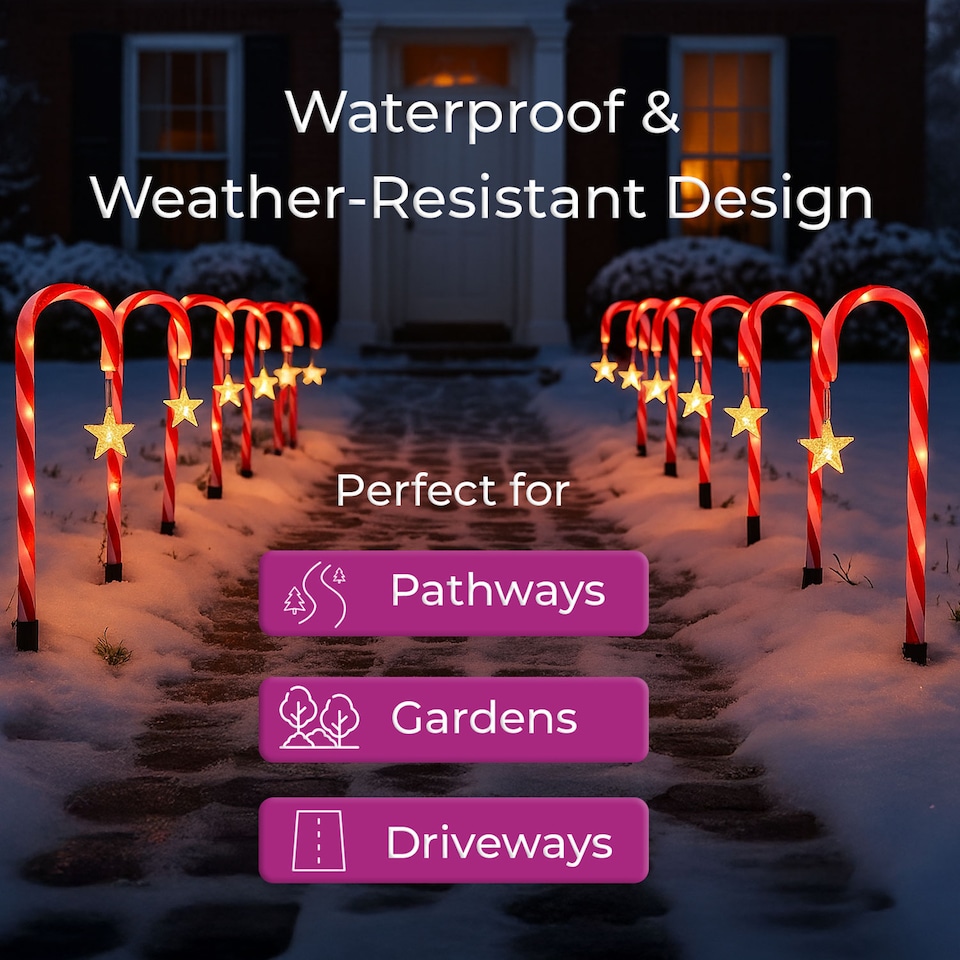 image 1 of Large 42cm 12 Piece Set Remote Solar Panel Battery Candy Cane Christmas Lights