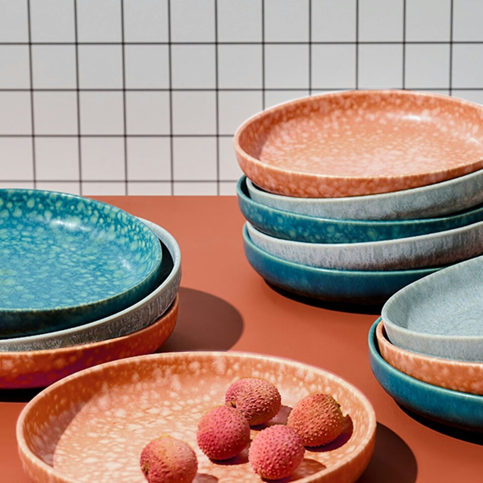image 1 of Curateology LoHo Set of 4 Stoneware Pasta Bowls 21.5cm - Reactive Glaze Forest Green