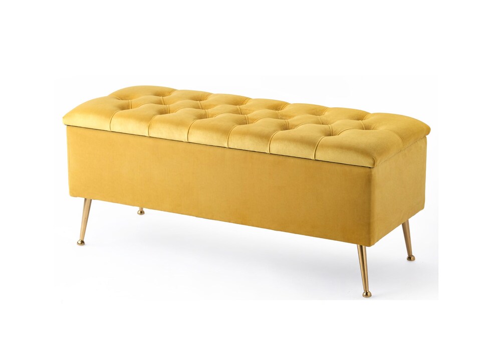 image 1 of 120cm Amara Chesterfield Ottoman Storage Bench - Plush Velvet Shoes Bench - Mustard Gold Upholstery Footstool Storage with Legs