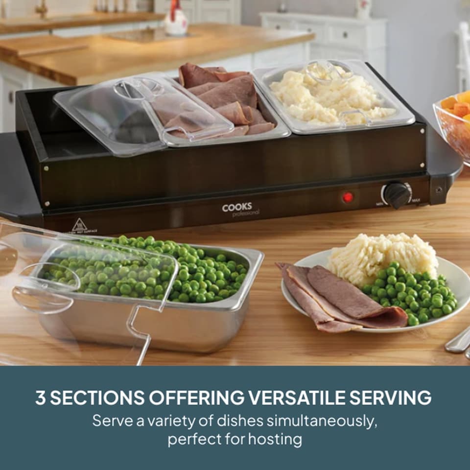 image 1 of Cooks Professional 3-Section Buffet Warmer 4.5L with Hotplate Function | Black | Black | 1
