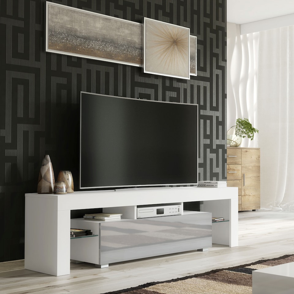 image 1 of TV Unit TV Stand Cabinet White Grey Gloss Sideboard Media Console Storage 160cm