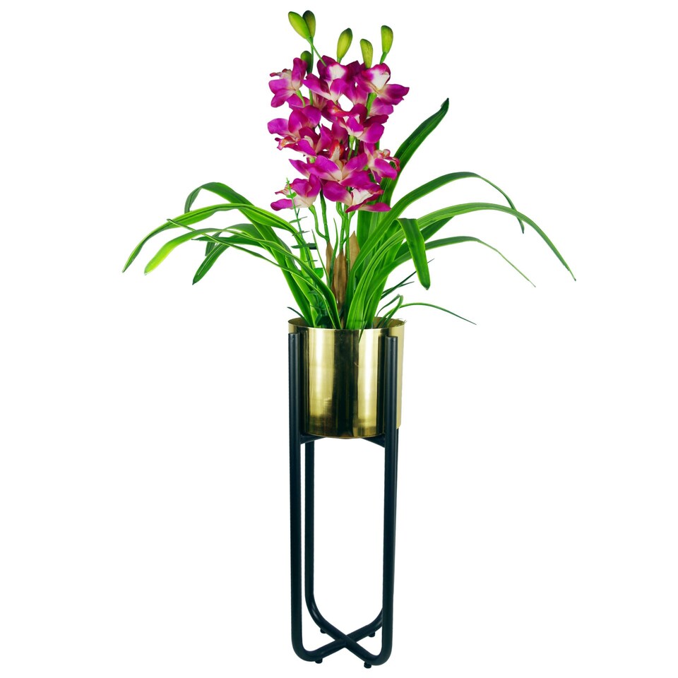 image 1 of Metal Planter Stand Gold Black Metal Plant Pot 62cm x 18cm Leaf Design UK Botanik Gold