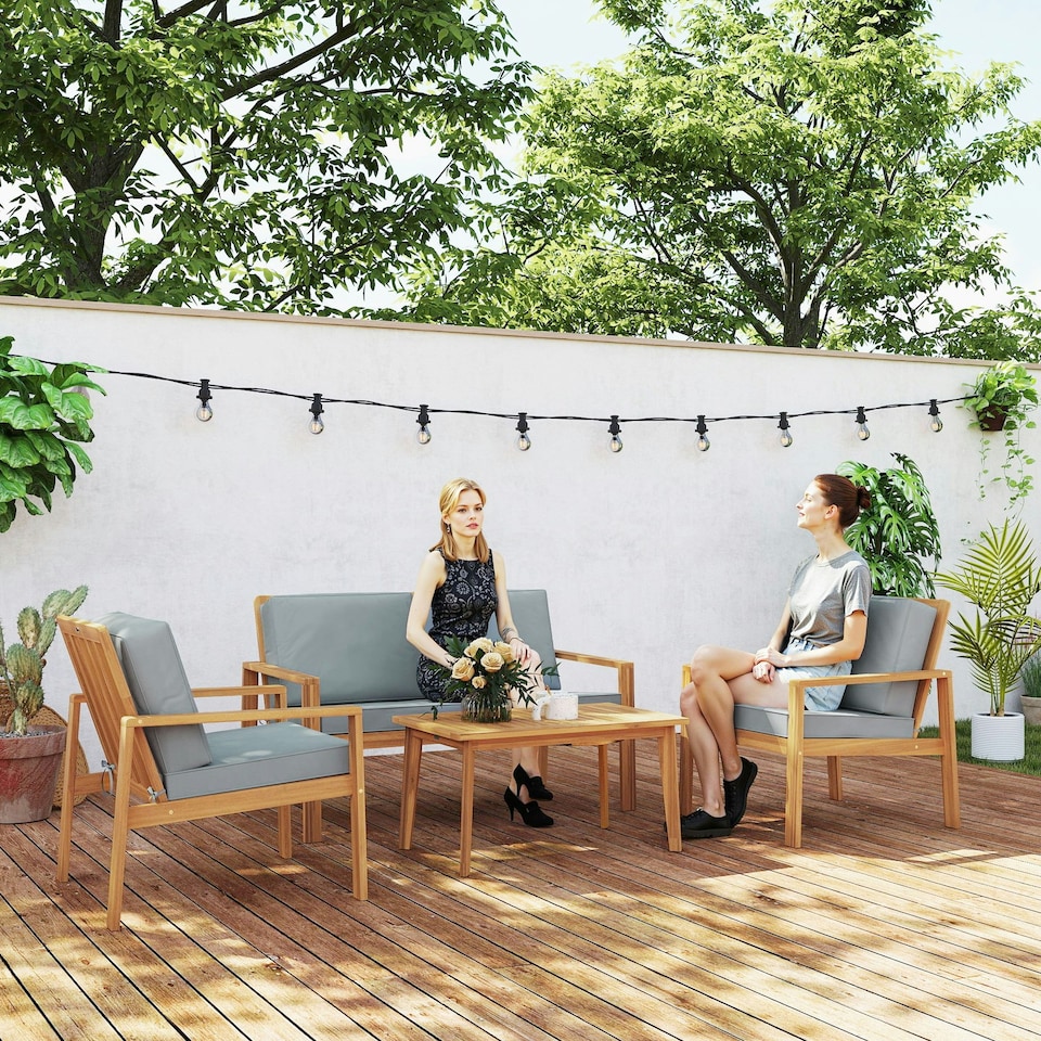 image 1 of Outsunny 4-Piece Wooden Set Cushions Teak