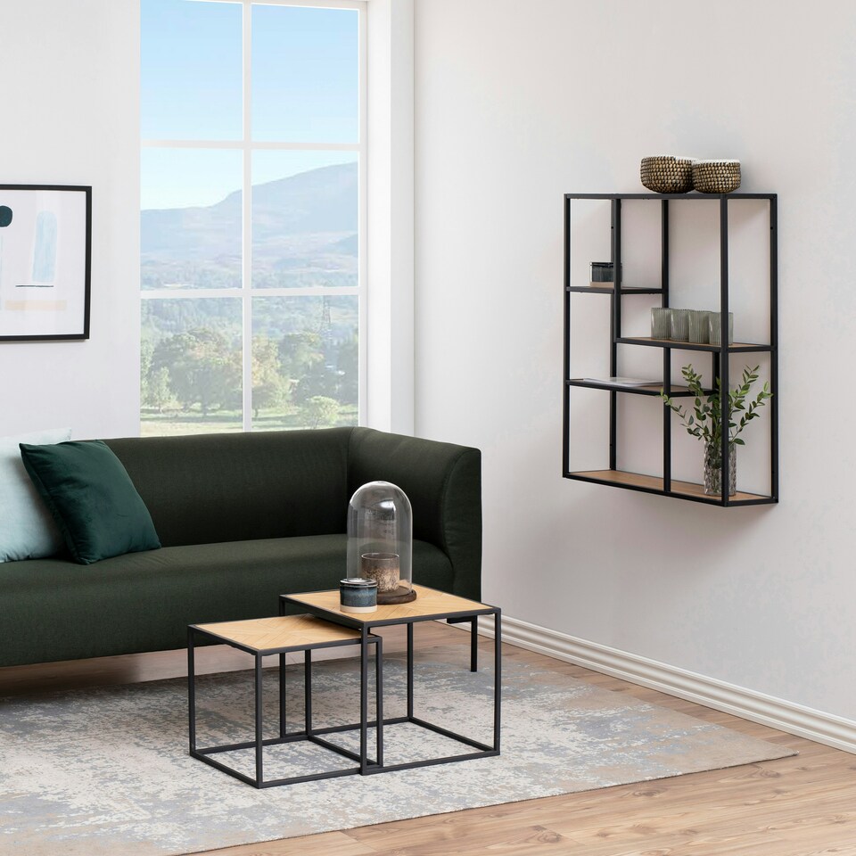 image 1 of Seaford Black Metal Wide Wall Shelf with 3 Additional Oak Shelves