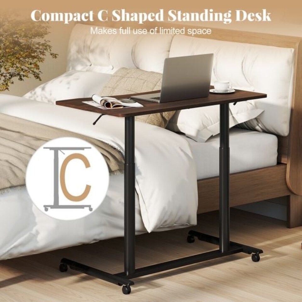 image 1 of COSTWAY Adjustable Height C-Shaped Mobile Standing Desk Brown Brown