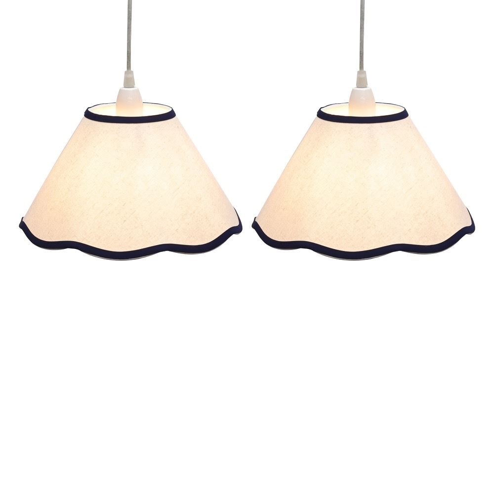 First Choice Lighting Set of 2 Libby - Natural Linen Navy Blue Trim 27cm Pendant Lamp Shades in White