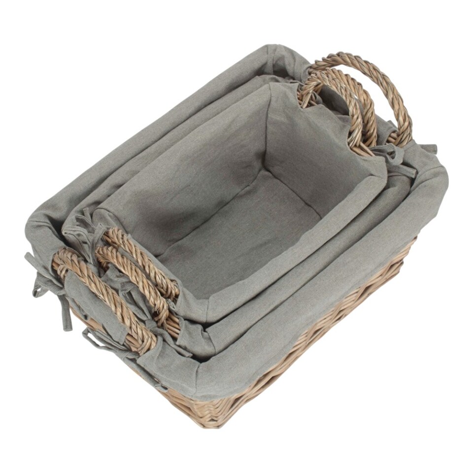 image 1 of Set of Three Wicker Antique Wash Finish Handled Grey Cotton Lining Storage Basket | Grey | Grey | Not provided