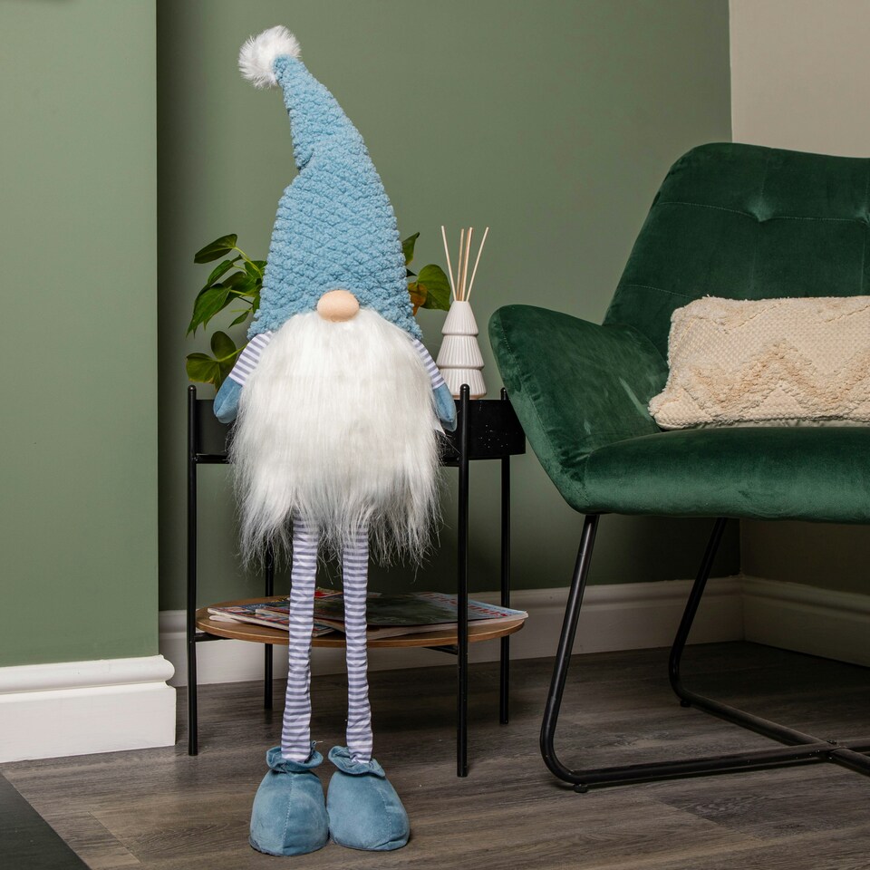 image 1 of 89cm Blue Standing Christmas Gonk Decoration with Extendable Legs and Knitted Hat