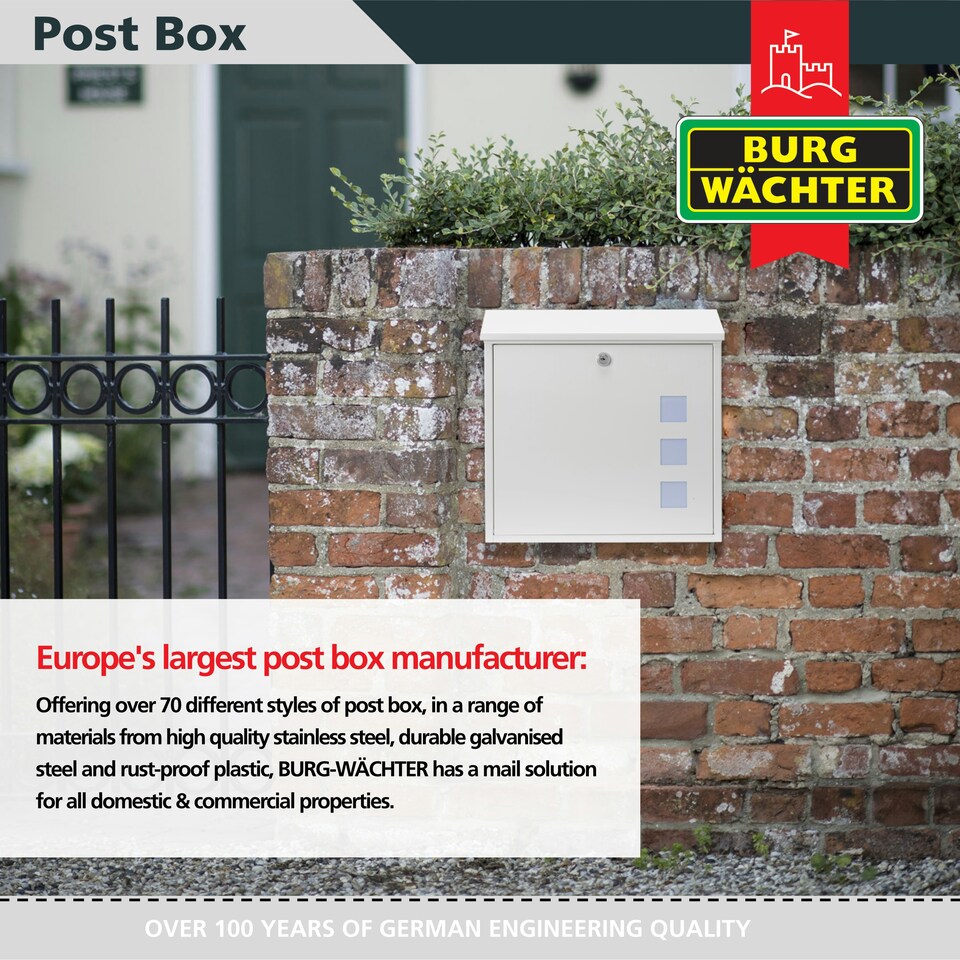 image 1 of Burg-Wachter Aire Wall Mounted Galvanised Steel Lockable Weatherproof Post Box - 37x37x11cm White