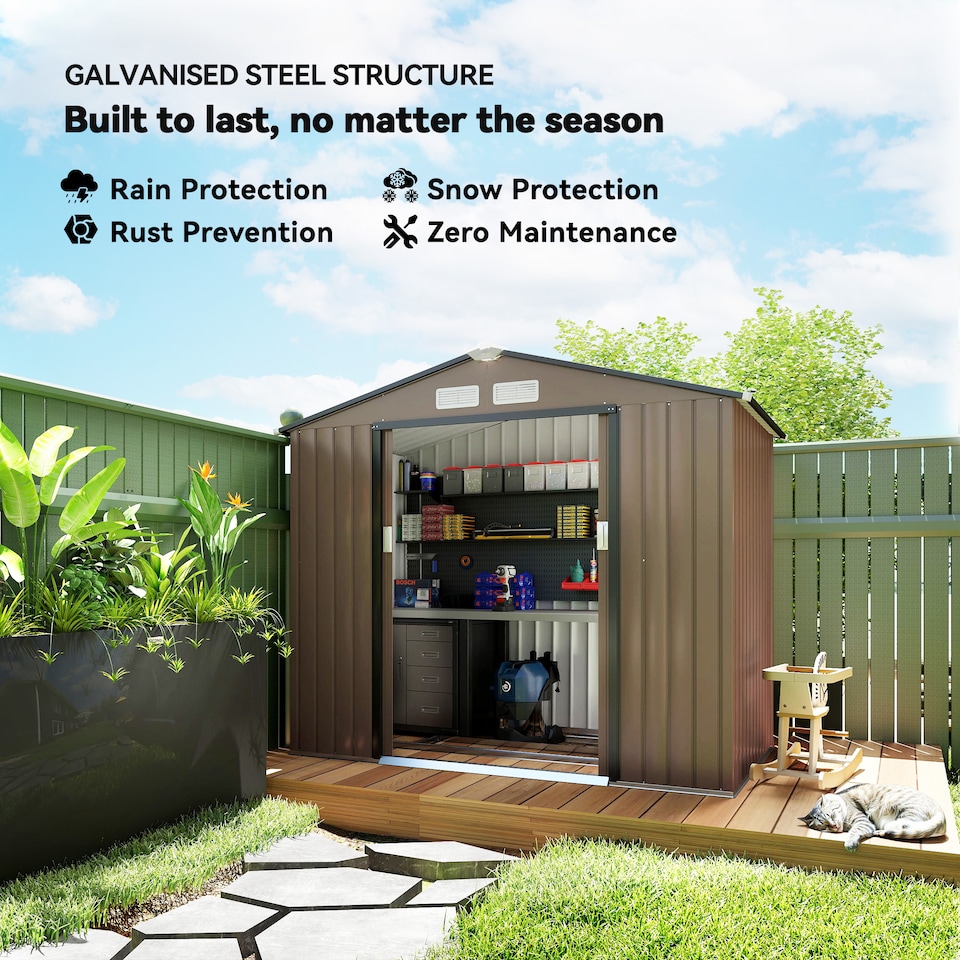 image 1 of Outsunny 7 x 4ft Metal Garden Shed, Outdoor Storage Tool House with Ventilation Slots, Foundation Kit and Lockable Double Doors, Brown