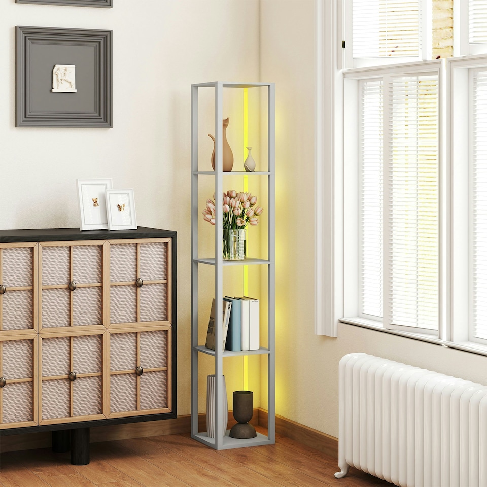 image 1 of HOMCOM RGB LED Floor Lamp with Shelves and Remote Control for Bedroom, Grey Grey