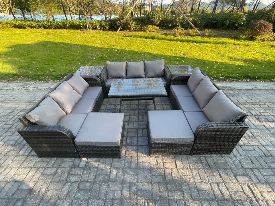 image 1 of Fimous Rattan Garden Furniture Set 11 Seater Patio Outdoor Lounge Sofa Set with 2 Side Tables Rectangular Dining Table 2 Big Footstool Dark Grey Mixed