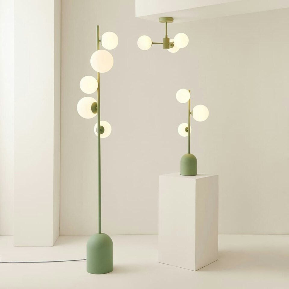 image 1 of ValueLights Marlow Sage Green Opaque Glass Globe 3 Arm Ceiling Light with LED Bulbs