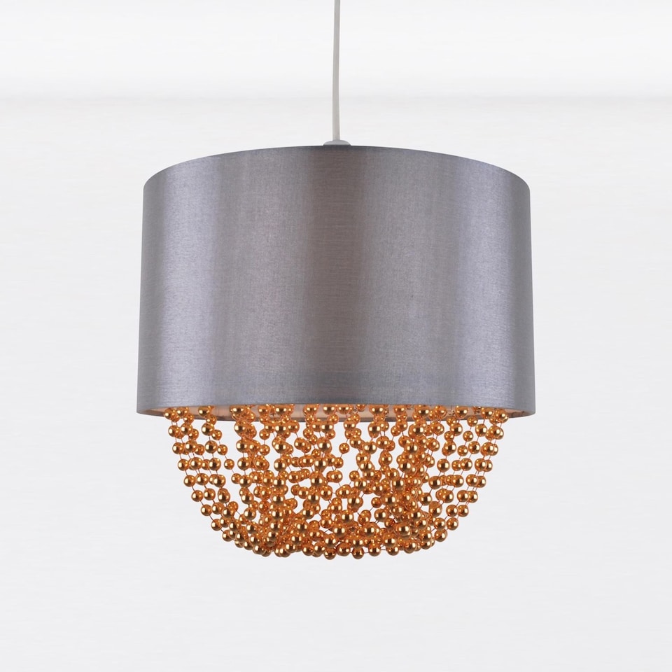 image 1 of Set of 2 Grey Faux Silk & Copper Jewelled Ceiling Light Shades | Grey | Copper | Medium | 2