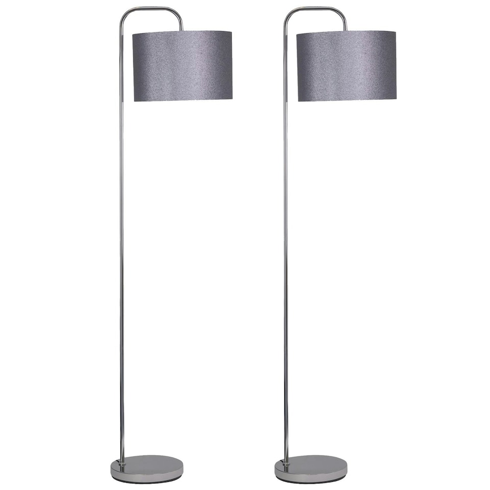 image 1 of First Choice Lighting Set of 2 Chrome Arched Floor Lamps with Grey Glitter Shades Chrome | Grey