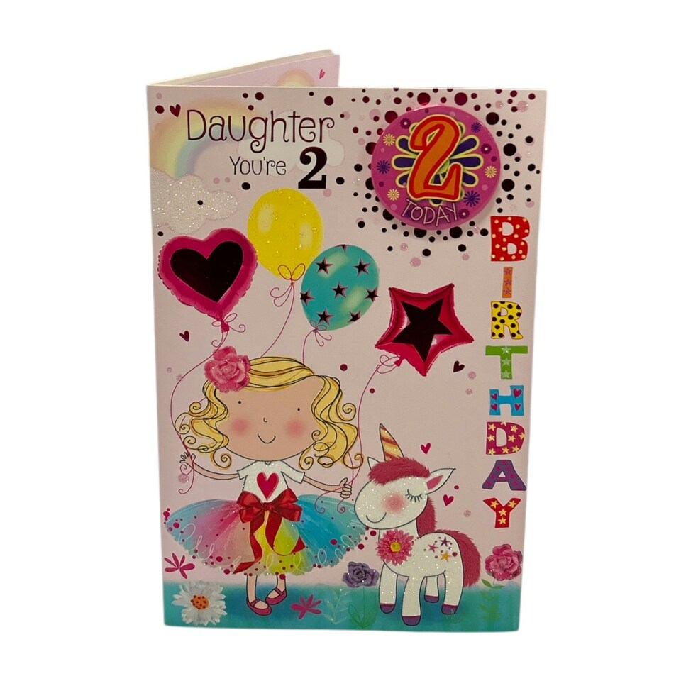 image 1 of Daughter Age 2 Girl And Unicorn Design Juvenile Birthday Card With Badge