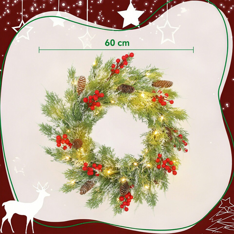 image 1 of HOMCOM 60 cm Prelit Christmas Wreath, Door Wreath with Realistic Branches
