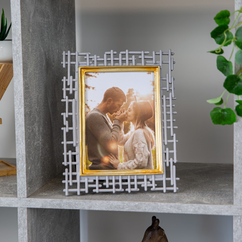 image 1 of Traditional Designer Hand Painted Grey and Brushed Gold Resin 5x7 Picture Frame | Grey | 5" x 7"