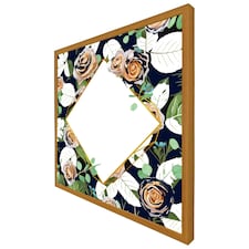 Decorative flowers on navy background (Picture Frame) Brown | Oak | L