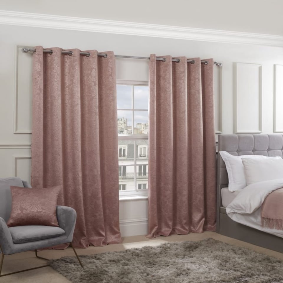 image 1 of Royal Damask Elegant Woven Blackout Eyelet Curtains 168cm x 228cm Blush Pink Pink | Pink