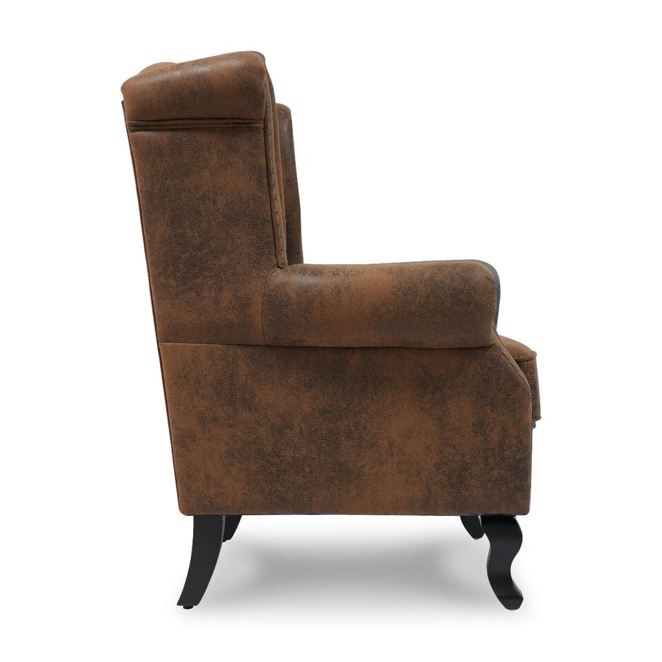 image 1 of Faux Leather Brown Suede Balmoral Wing Back Chair with Buttons