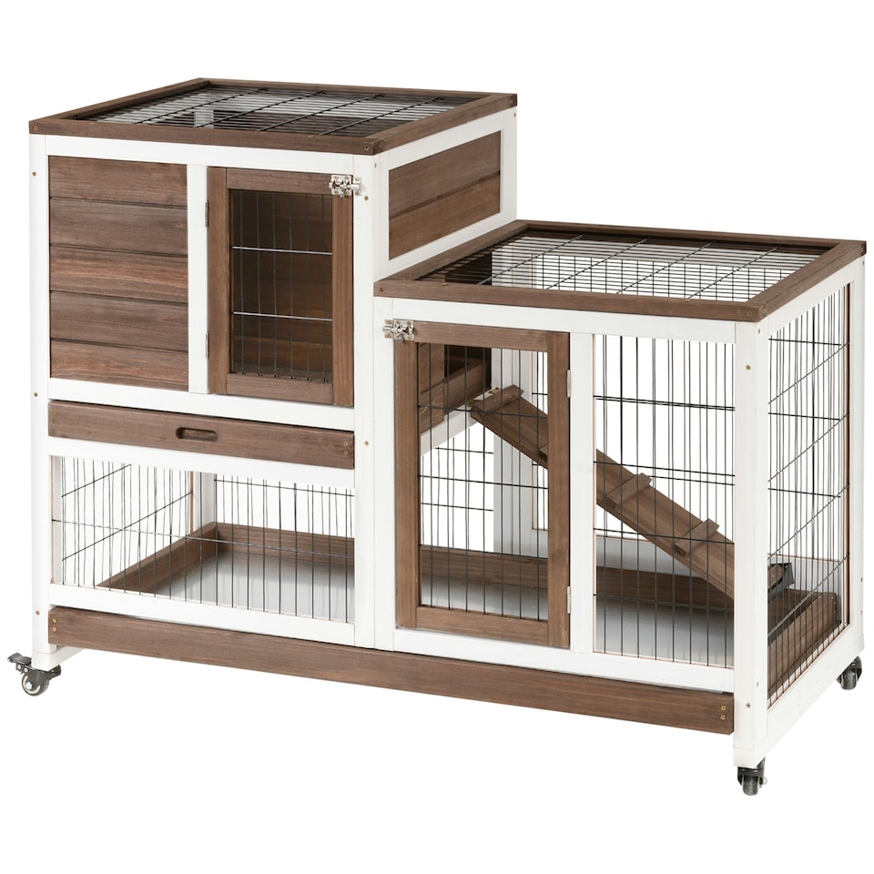 image 1 of PawHut Rabbit Hutch, Guinea Pig House Cage w/ Wheels & Enclosed Run, Brown