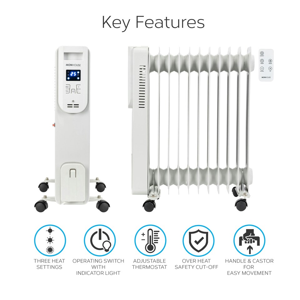 image 1 of MONHOUSE 11 Fins Oil Filled Radiator - Portable Electric Heater with Adjustable Thermostat - 3 Heat Settings, Overheat Safety Cut Off, Remote Control - White