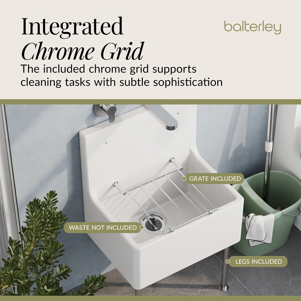 image 1 of Balterley Single Bowl Fireclay Ceramic Cleaner Sink with Grill & Legs | White | White | 393 x 515 x 535mm | 1